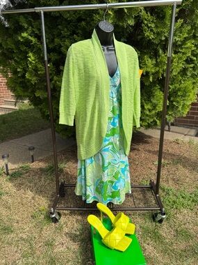 Luxury Summer Set Tahari Silk Dress + Chico’s Cardigan Green Resort Look